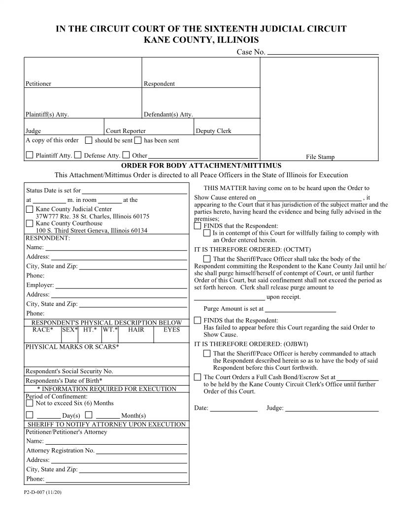 Order For Body Attachment-Mittimus {P2-D-007} | Pdf Fpdf Doc Docx | Illinois