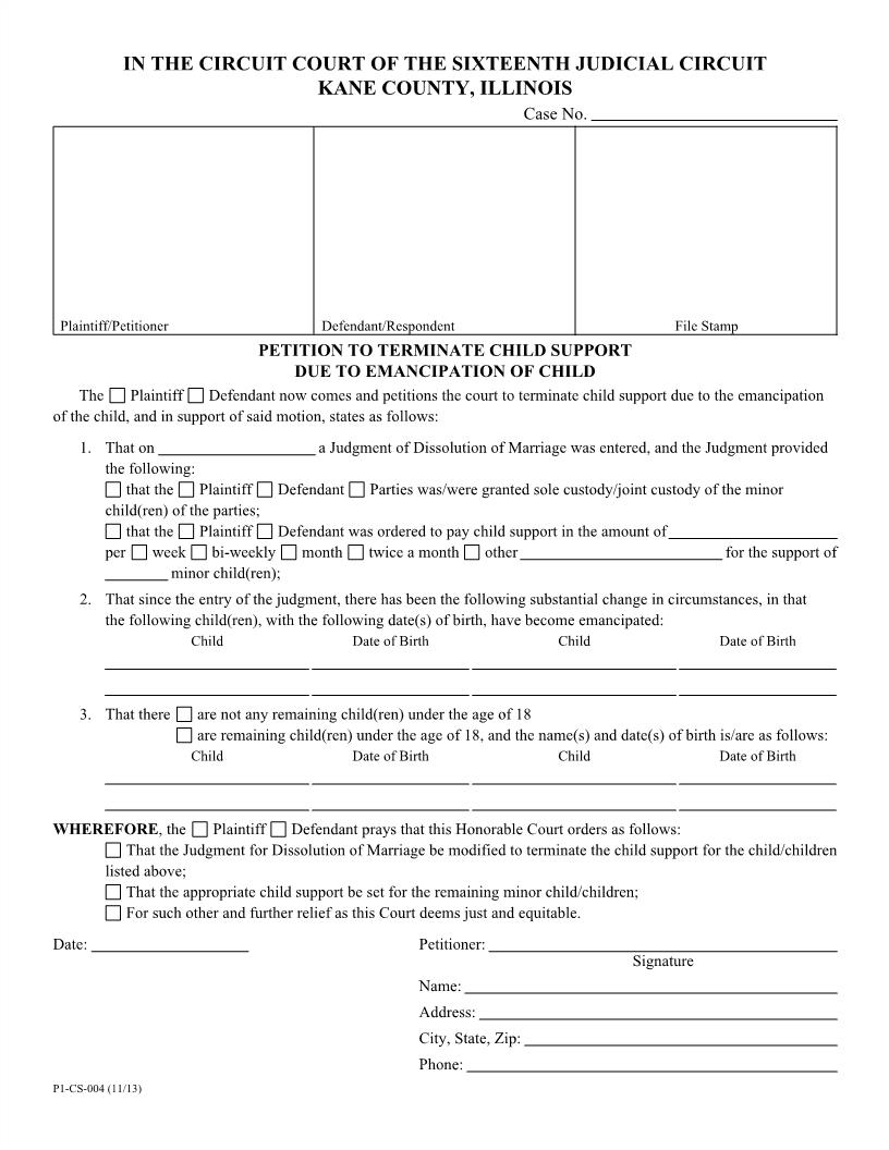 Petition To Terminate Child Support Due To Emancipation Of Child {P1-CS-004} | Pdf Fpdf Docx | Illinois