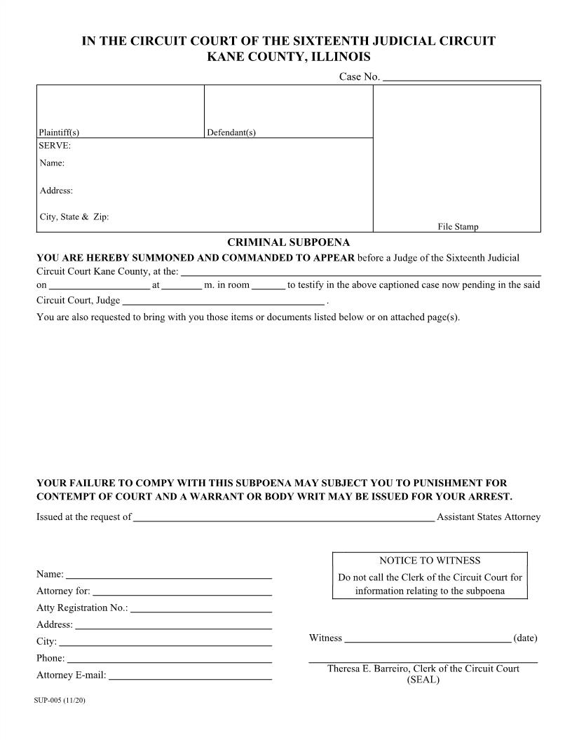 Criminal Subpoena {SUP-05} | Pdf Fpdf Doc Docx | Illinois