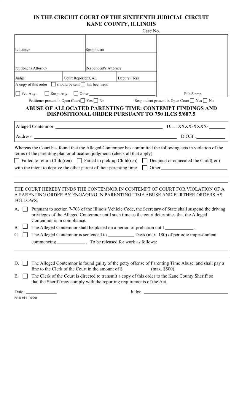 Abuse Of Allocated Parenting Time - Contempt Findings And Dispositional Order {P5-D-014} | Pdf Fpdf Docx | Illinois