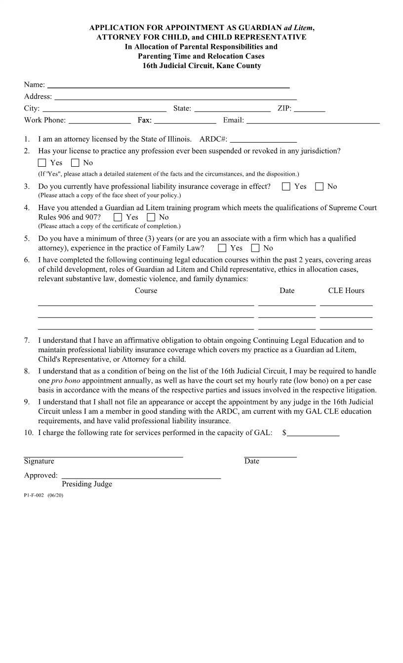 Affidavit For Appointment As Guardian Ad Litem {P1-F-002} | Pdf Fpdf Docx | Illinois