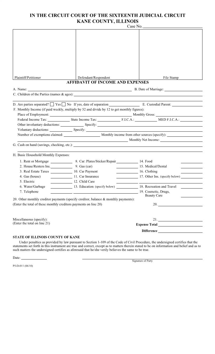 Affidavit Of Income And Expenses {P5-D-011} | Pdf Fpdf Docx | Illinois