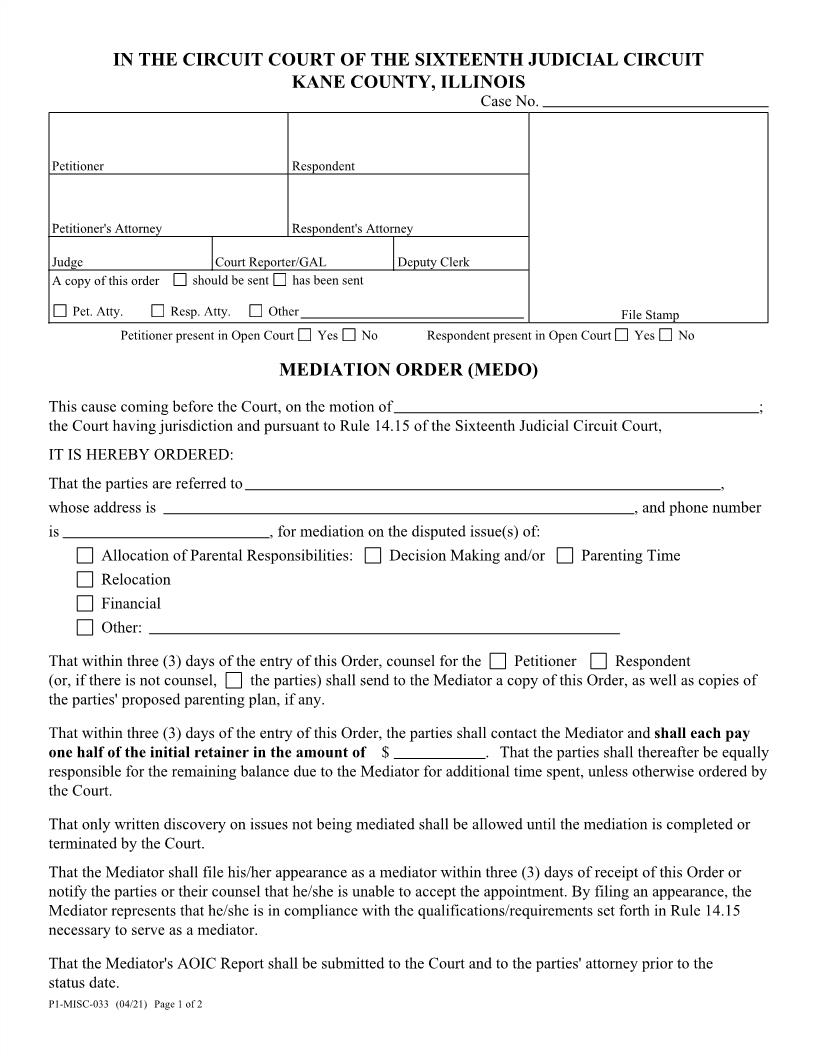 Mediation Order (MEDO) {P1-MISC-033} | Pdf Fpdf Docx | Illinois