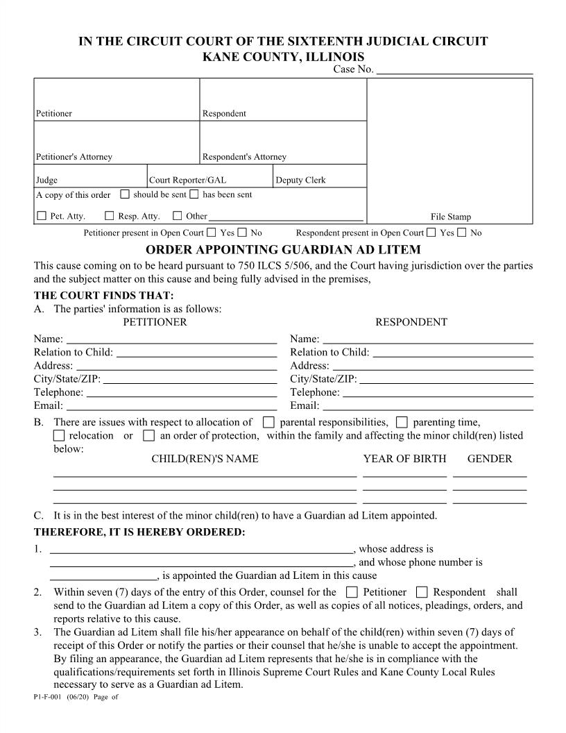 Order Appointing Guardian Ad Litem {P1-F-001} | Pdf Fpdf Docx | Illinois