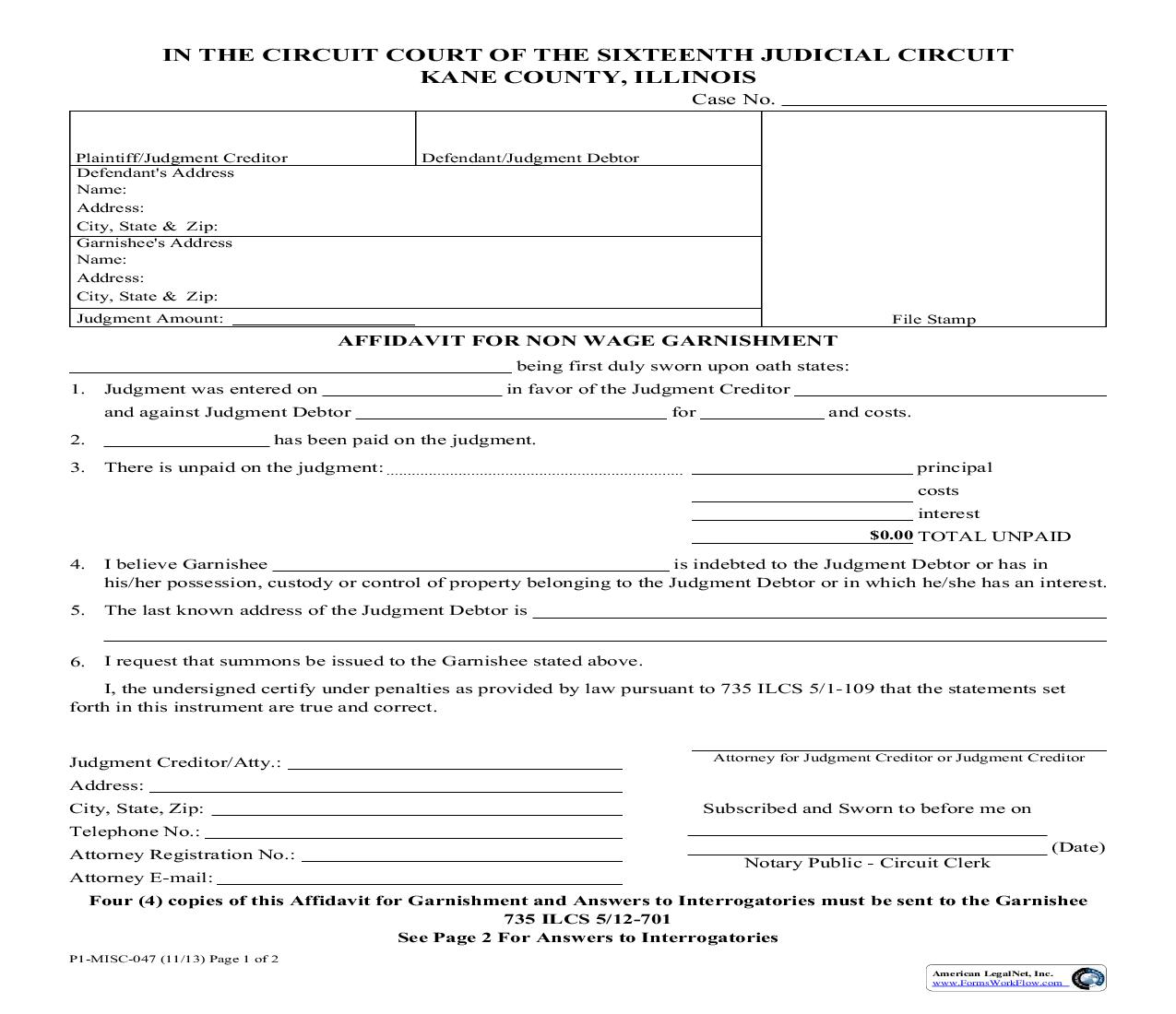 Affidavit For Non Wage Garnishment {P1-MISC-47} | Pdf Fpdf Doc Docx | Illinois
