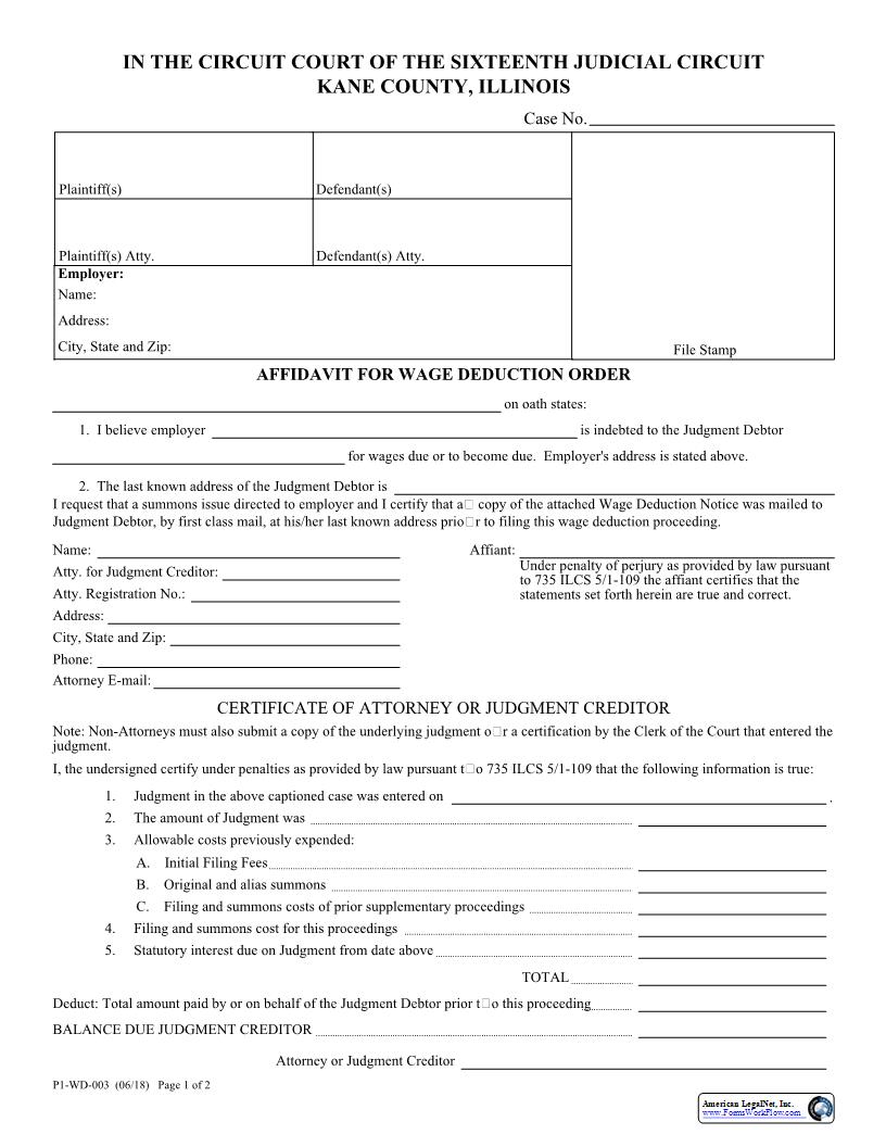 Affidavit For Wage Deduction Order {P1-WD-03} | Pdf Fpdf Docx | Illinois