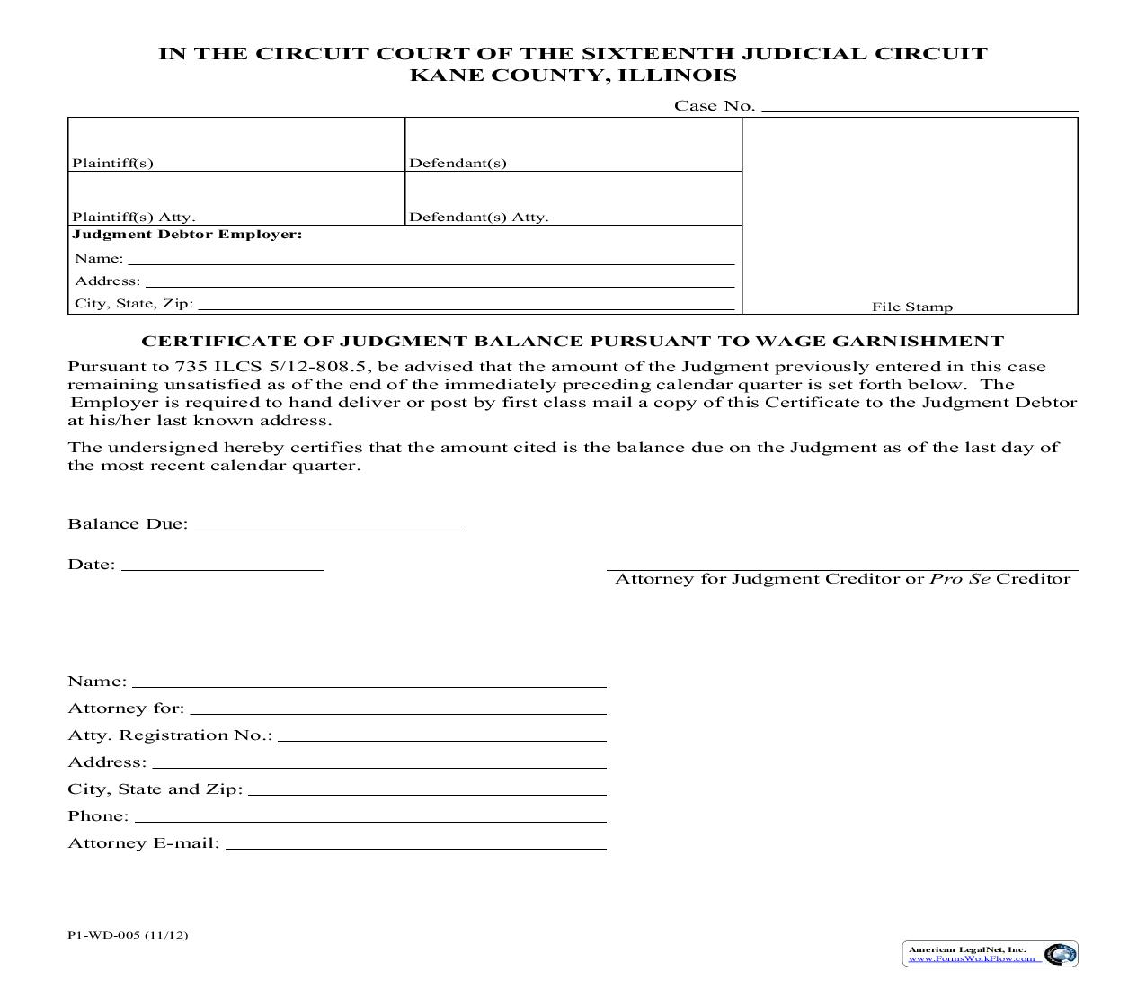Certificate Of Judgment Balance Pursuant To Wage Garnishment {P1-WD-005} | Pdf Fpdf Doc Docx | Illinois