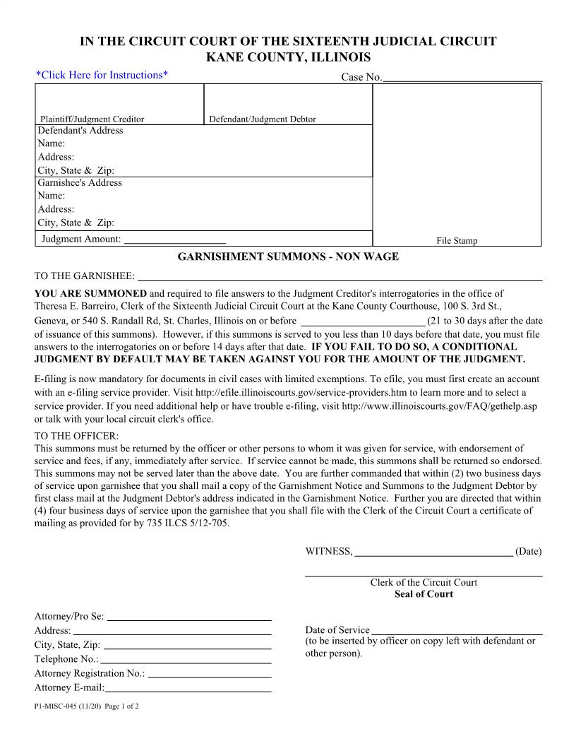 Garnishment Summons - Non Wage {P1-MISC-045} | Pdf Fpdf Docx | Illinois