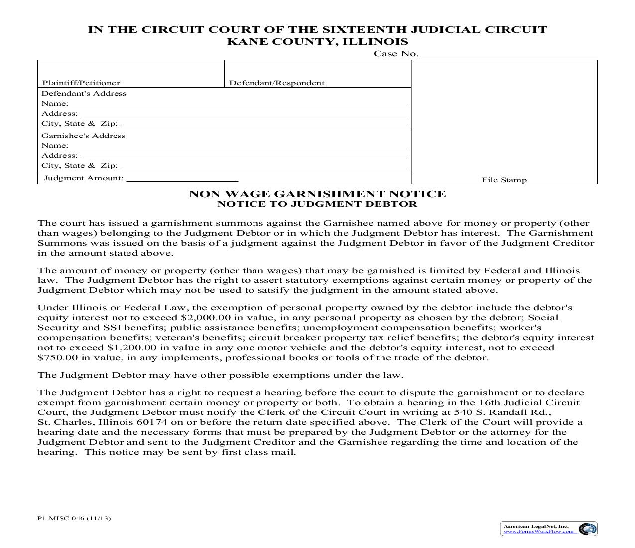 Non-Wage Garnishment Notice {P1-MISC-46} | Pdf Fpdf Doc Docx | Illinois