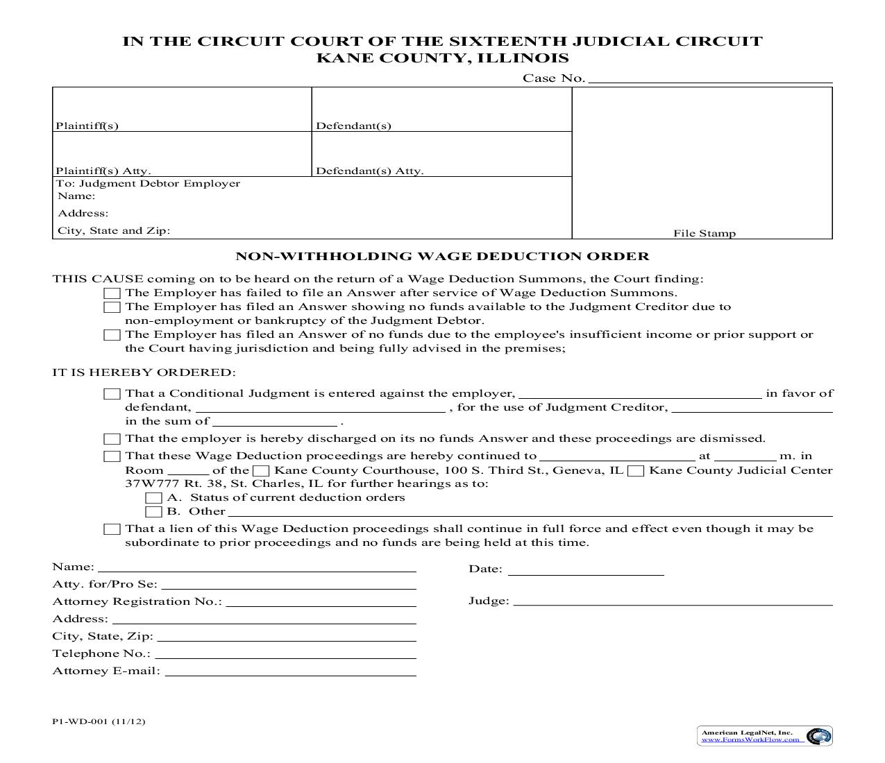 Non-Withholding Wage Deduction Order {P1-WD-001} | Pdf Fpdf Doc Docx | Illinois