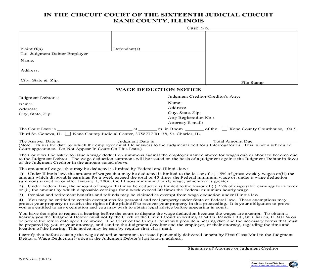Wage Deduction Notice | Pdf Fpdf Doc Docx | Illinois