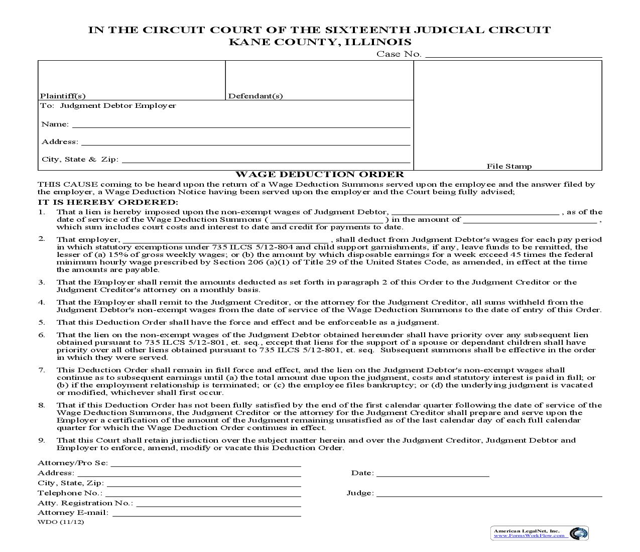 Wage Deduction Order {WDO} | Pdf Fpdf Docx | Illinois