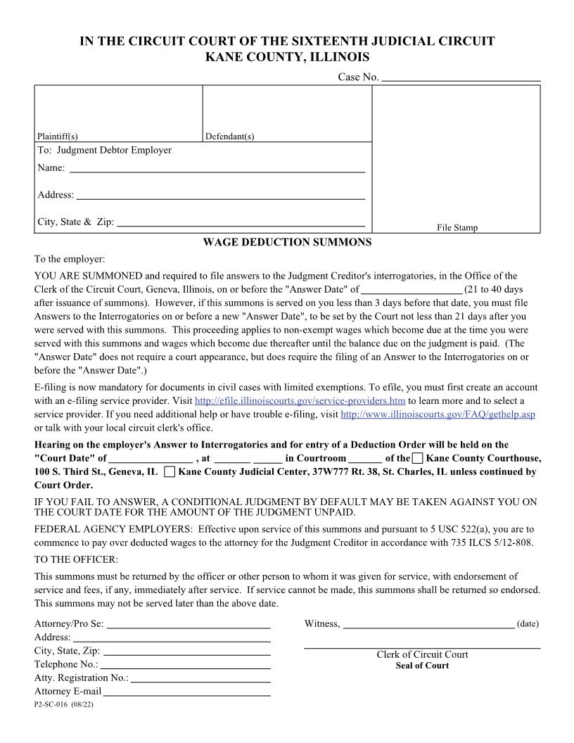 Wage Deduction Summons {P2-SC-016} | Pdf Fpdf Docx | Illinois