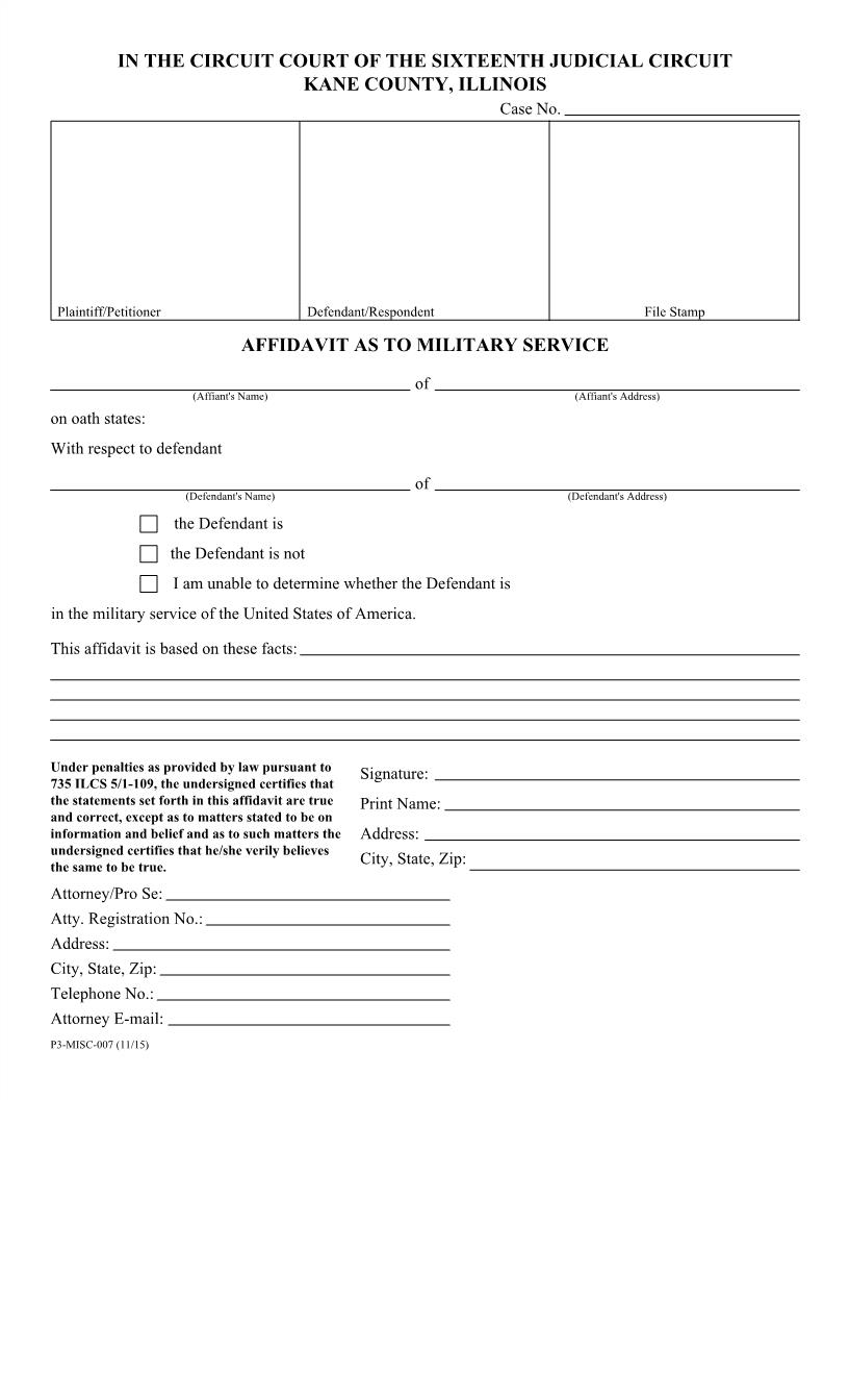 Affidavit As To Military Service {P3-MISC-007} | Pdf Fpdf Docx | Illinois