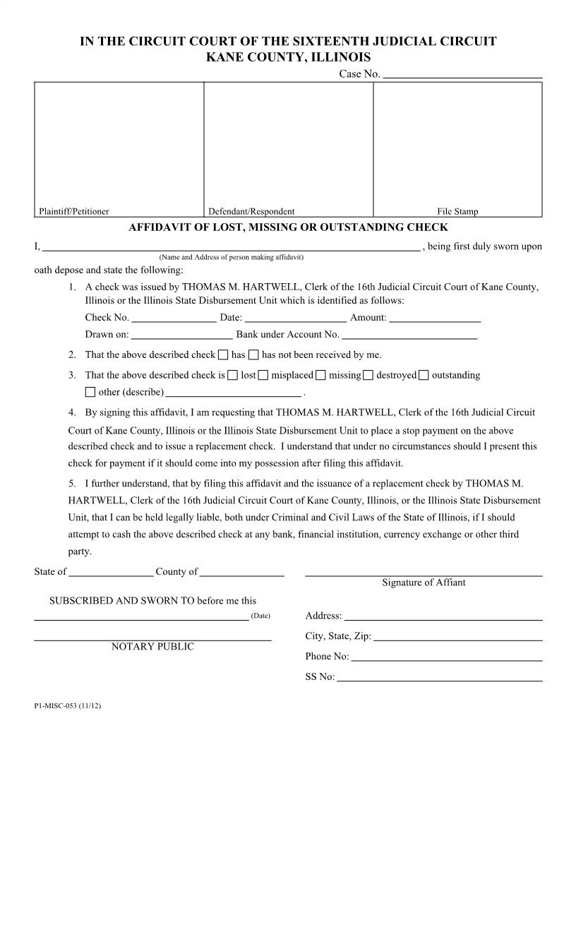 Affidavit Of Lost Missing Or Outstanding Check {P1-MISC-053} | Pdf Fpdf Docx | Illinois
