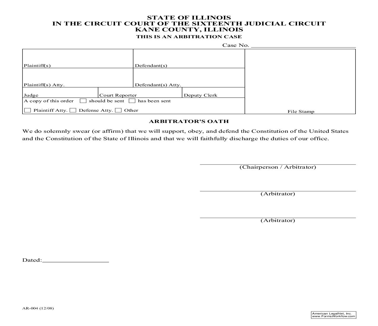Arbitrators Oath {AR-004} | Pdf Fpdf Doc Docx | Illinois