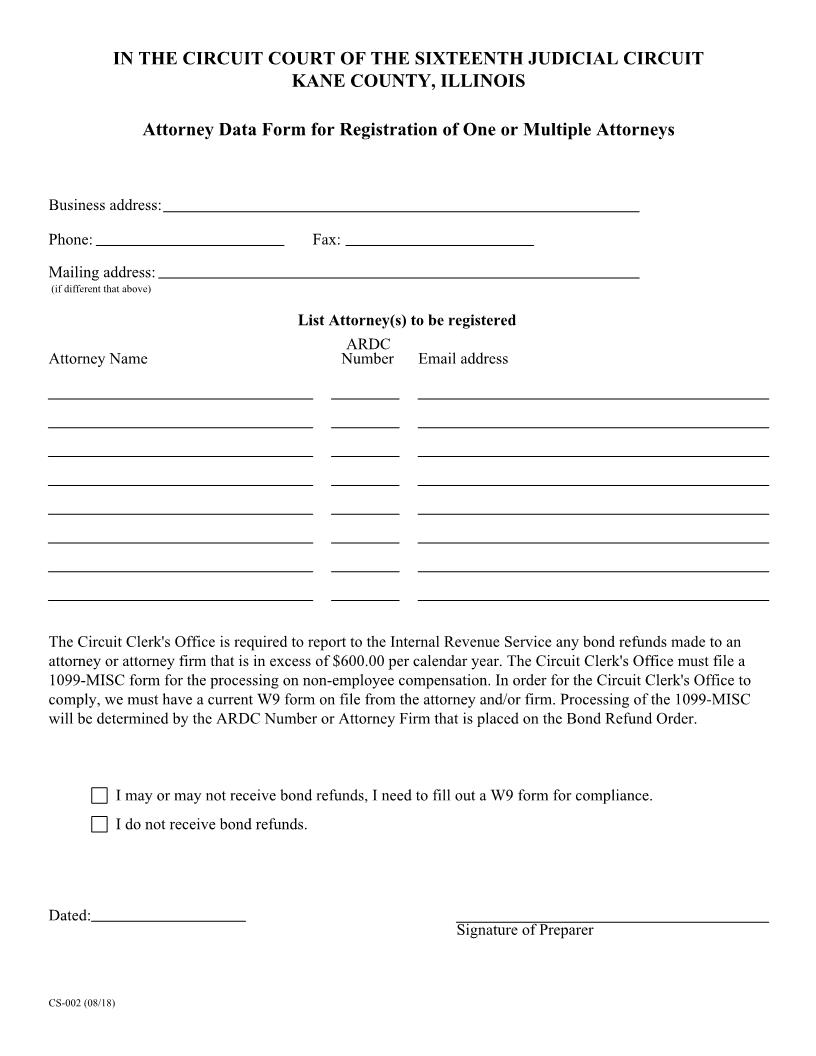 Attorney Data Form For Registration Of One Or Multiple Attorneys {CS-002} | Pdf Fpdf Docx | Illinois