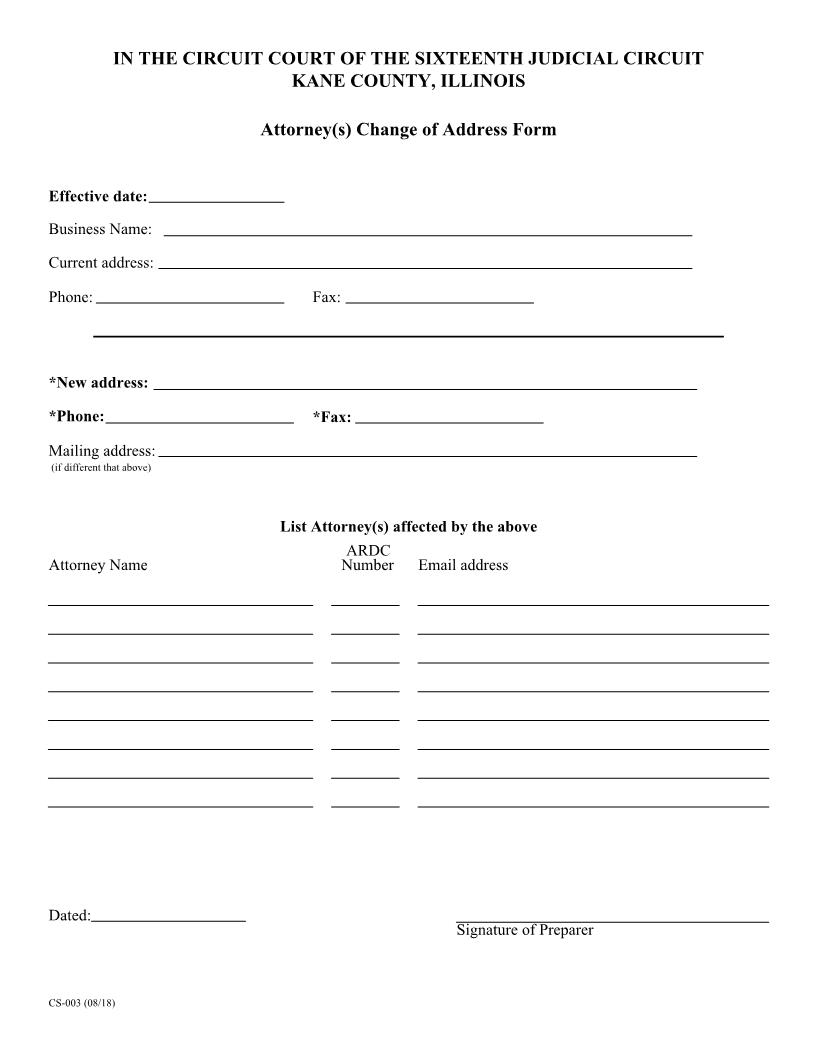 Attorney(s) Change Of Address Form {CS-003} | Pdf Fpdf Docx | Illinois