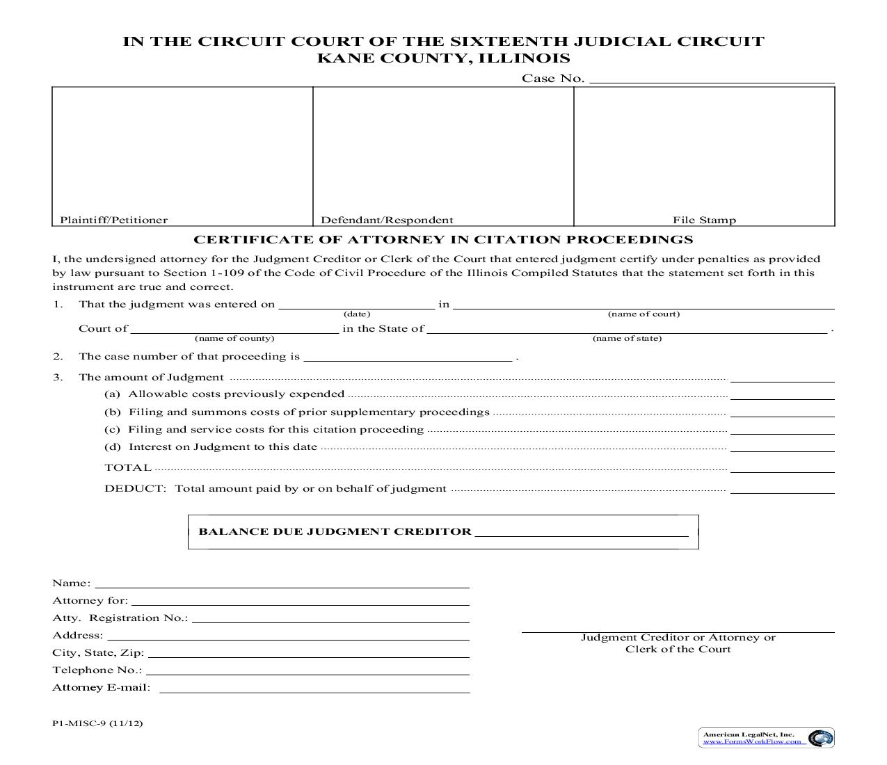 Certificate Of Attorney In Citation Proceedings {P1-MISC-9} | Pdf Fpdf Doc Docx | Illinois