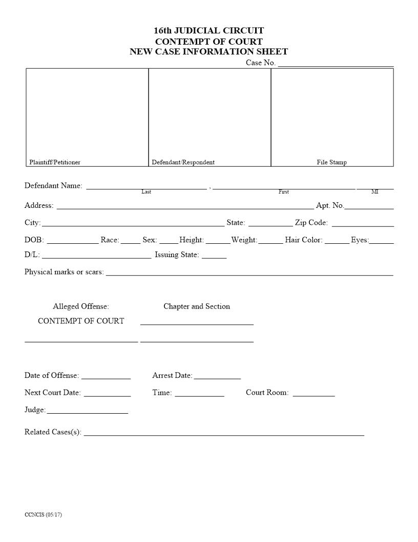 Contempt Of Court New Case Information Sheet {CCNCIS} | Pdf Fpdf Docx | Illinois