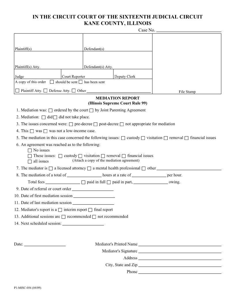 Mediation Report (Illinois Supreme Court Rule 99) {P1-MISC-056} | Pdf Fpdf Docx | Illinois