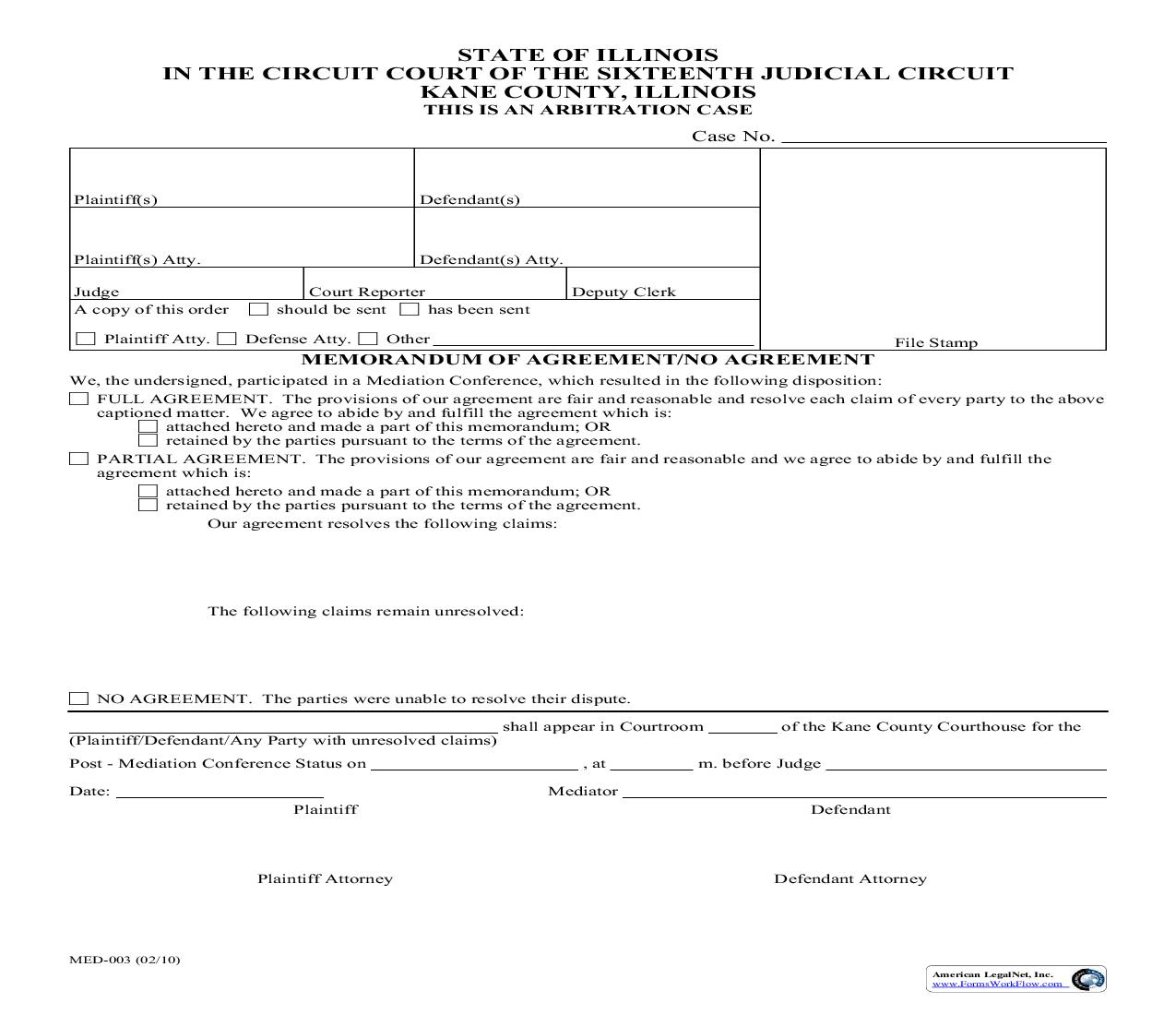 Memorandum Of Agreement No Agreement {MED-003} | Pdf Fpdf Doc Docx | Illinois