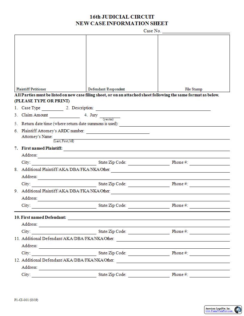 New Case Information Sheet {P1-CI-001} | Pdf Fpdf Docx | Illinois