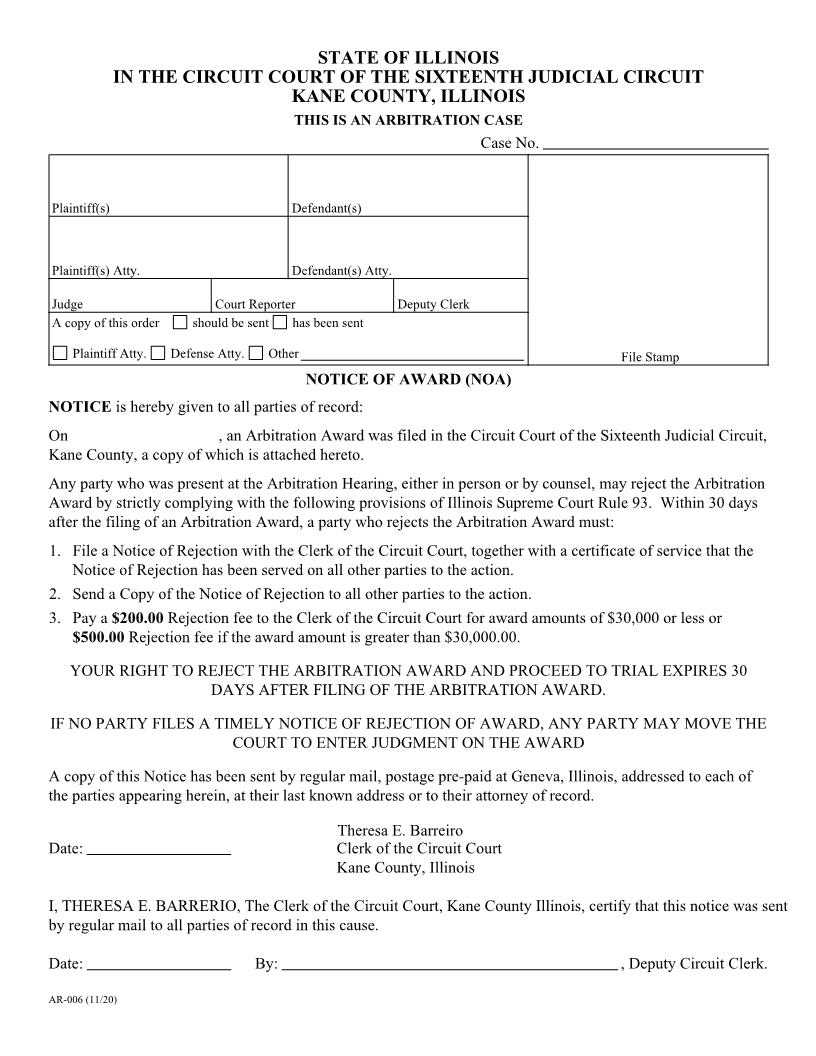 Notice Of Award {AR-006} | Pdf Fpdf Doc Docx | Illinois