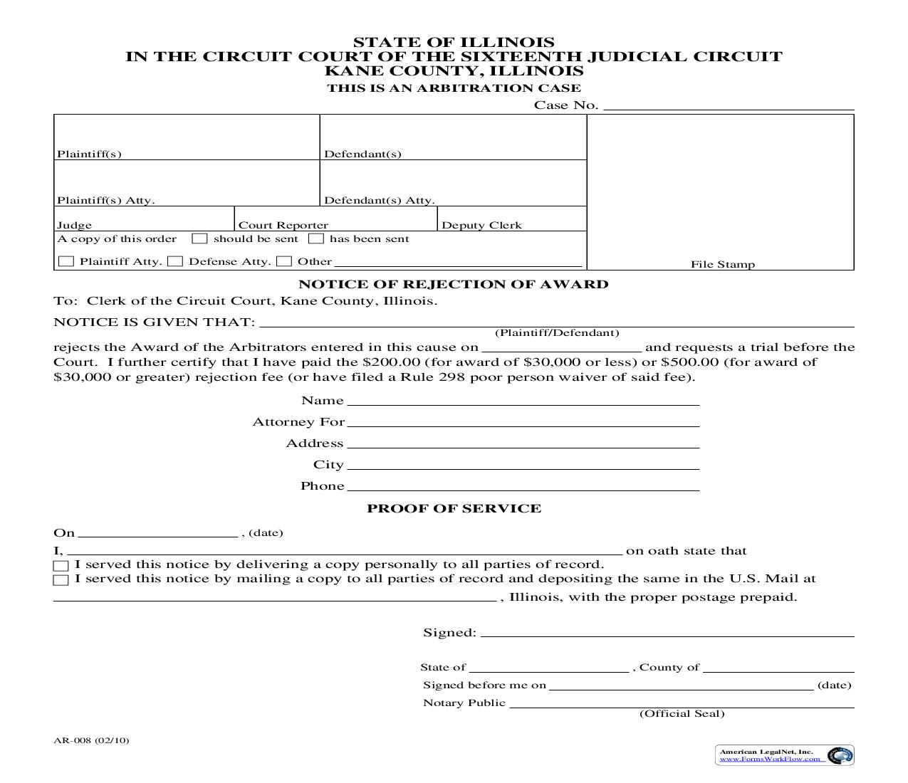 Notice Of Rejection Of Award {AR-008} | Pdf Fpdf Doc Docx | Illinois