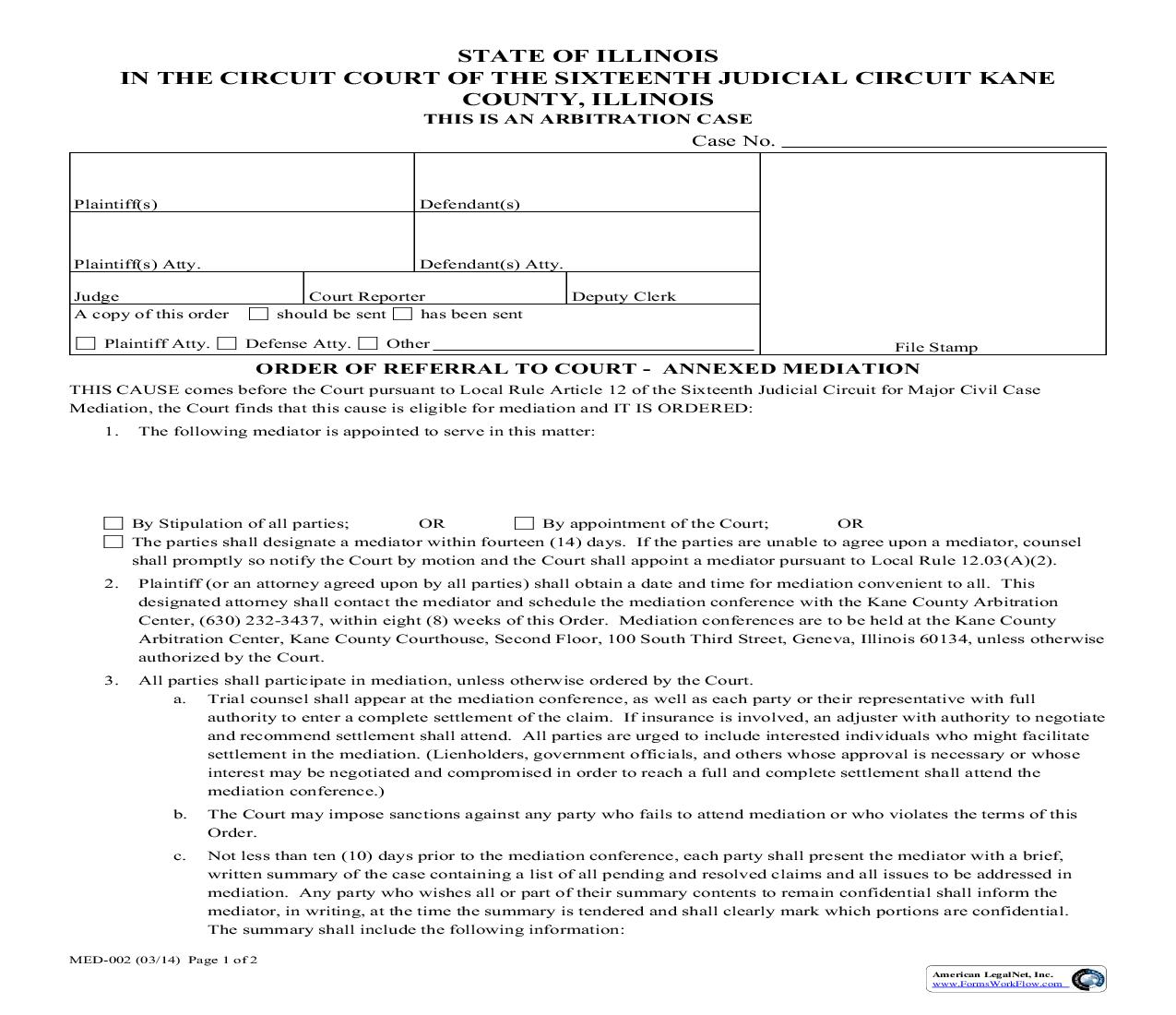 Order Of Referral To Court-Annexed Mediation {MED-002} | Pdf Fpdf Doc Docx | Illinois