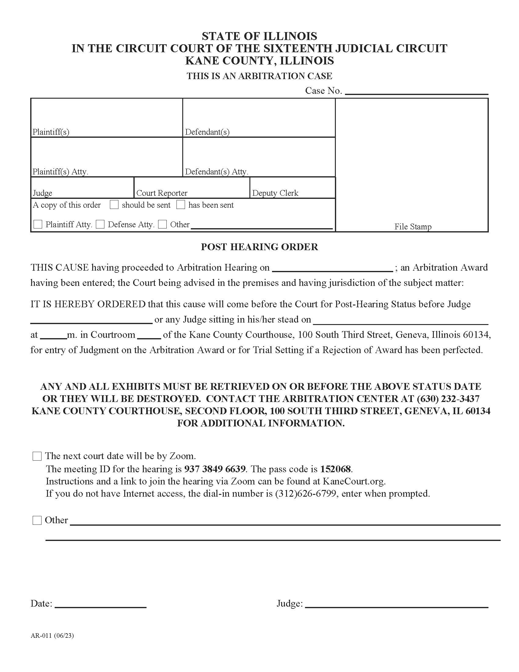 Post Hearing Order {AR-011} | Pdf Fpdf Doc Docx | Illinois