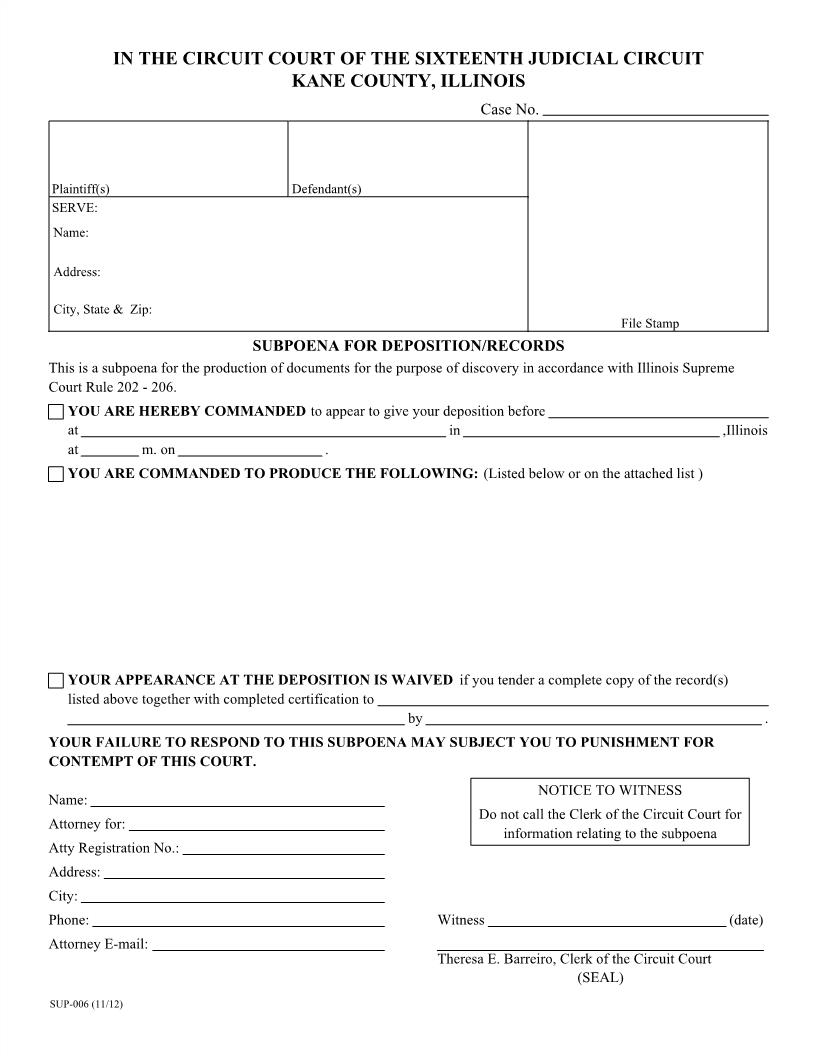 Subpoena For Deposition-Records {SUP-06} | Pdf Fpdf Doc Docx | Illinois