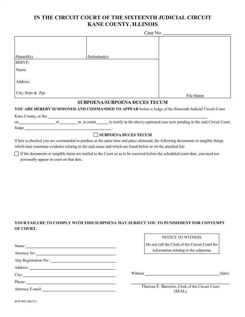 Subpoena-Subpoena Duces Tecum {SUP-02} | Pdf Fpdf Doc Docx | Illinois