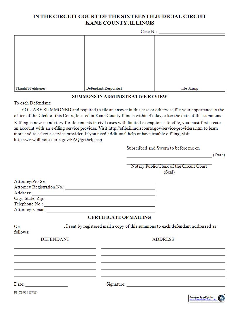 Summons In Administrative Review {P1-CI-007} | Pdf Fpdf Docx | Illinois
