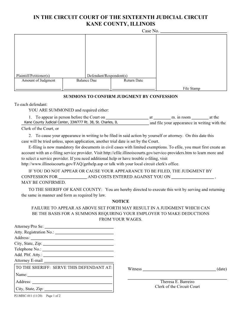 Summons To Confirm Judgment By Confession {P2-MISC-011} | Pdf Fpdf Docx | Illinois