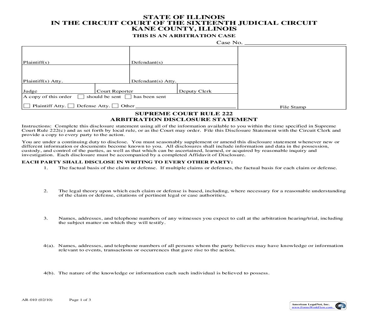 Supreme Court Rule 222 Arbitration Disclosure Statement {AR-010} | Pdf Fpdf Doc Docx | Illinois