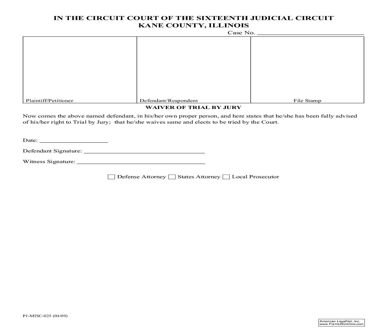 Waiver Of Trial By Jury {P1-MISC-25} | Pdf Fpdf Doc Docx | Illinois