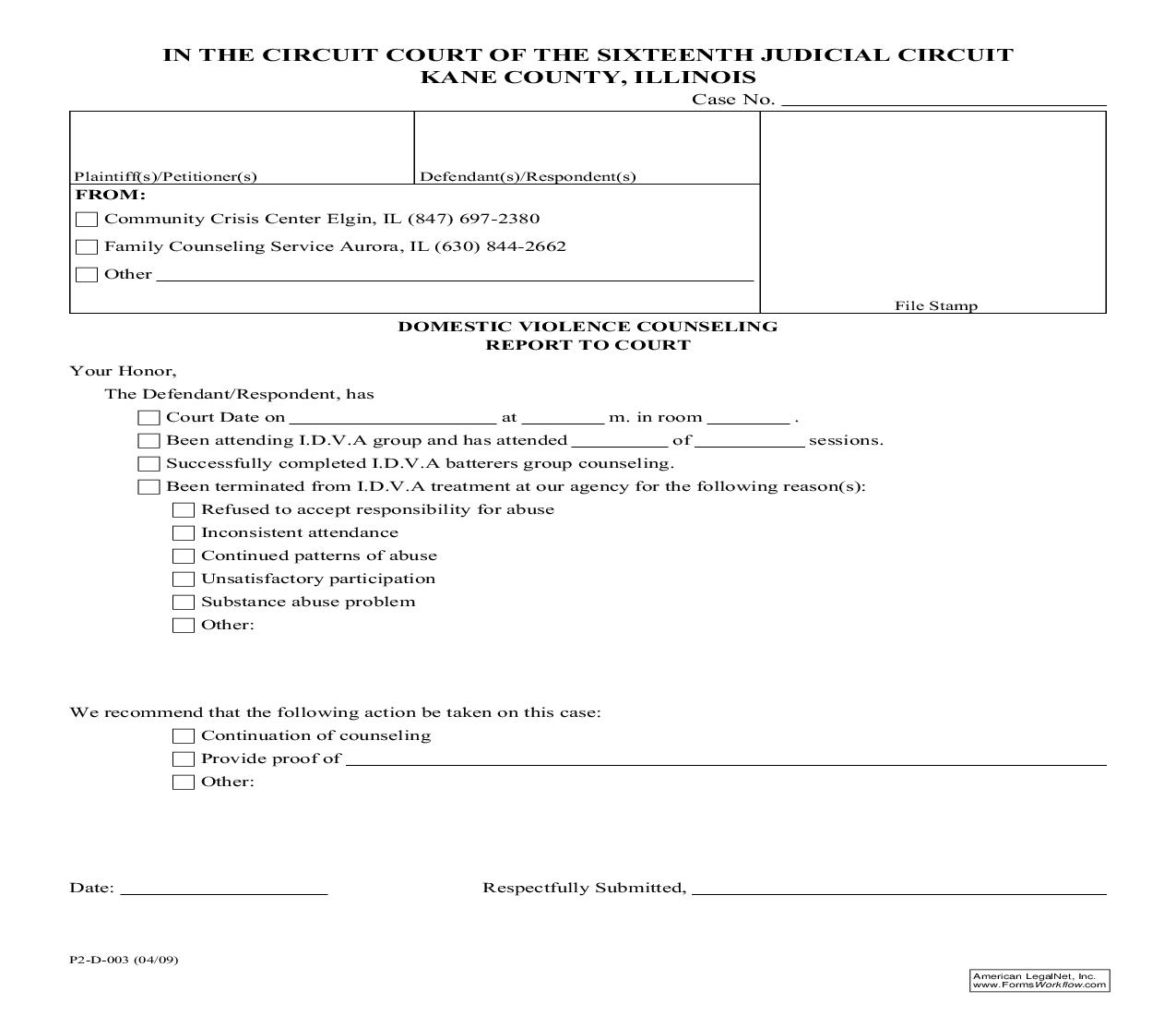 Domestic Violence Counseling Report To Court {P2-D-003} | Pdf Fpdf Doc Docx | Illinois
