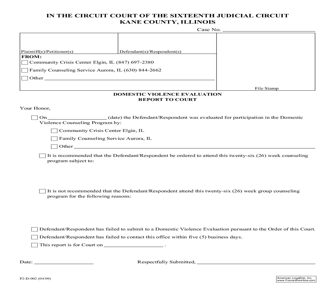 Domestic Violence Evaluation Report To Court {P2-D-002} | Pdf Fpdf Doc Docx | Illinois