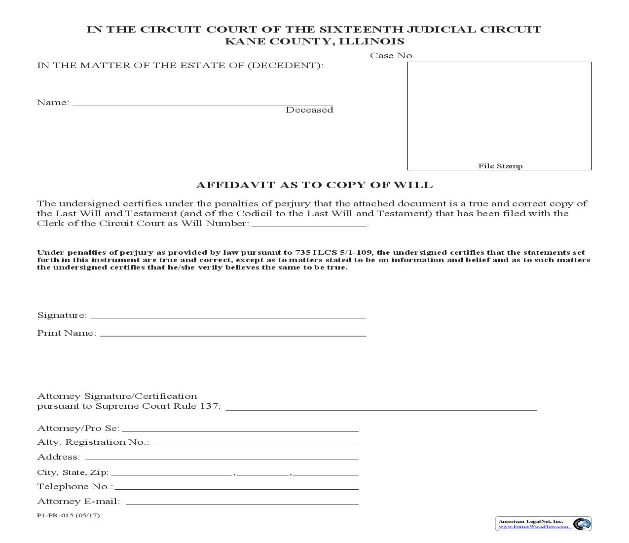 Affidavit As To Copy Of Will {P1-PR-015} | Pdf Fpdf Doc Docx | Illinois