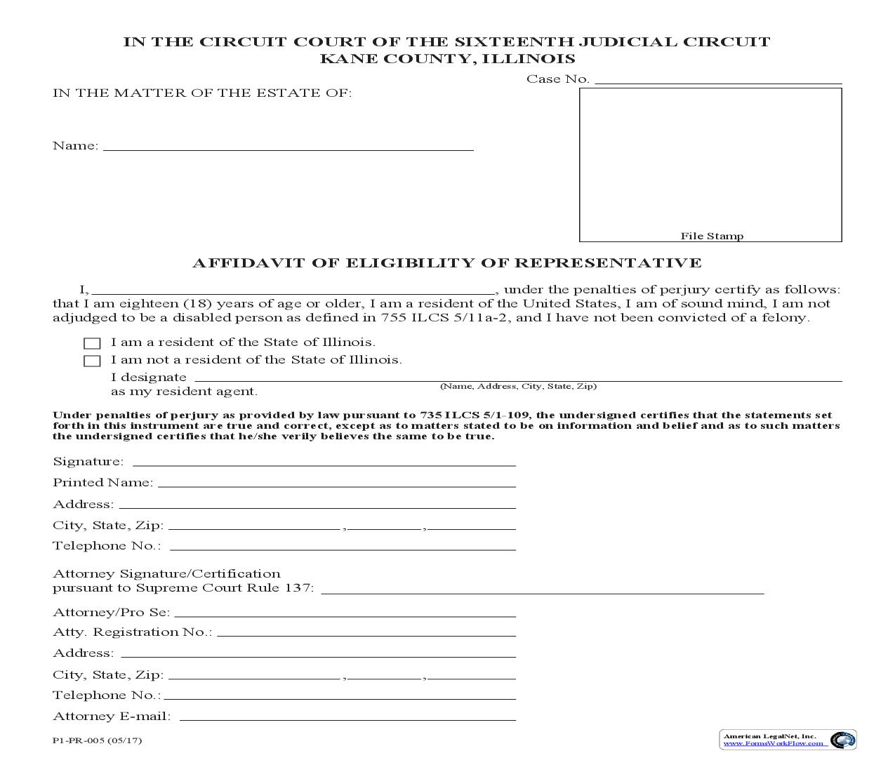 Affidavit Of Eligibility Of Representative {P1-PR-005} | Pdf Fpdf Doc Docx | Illinois