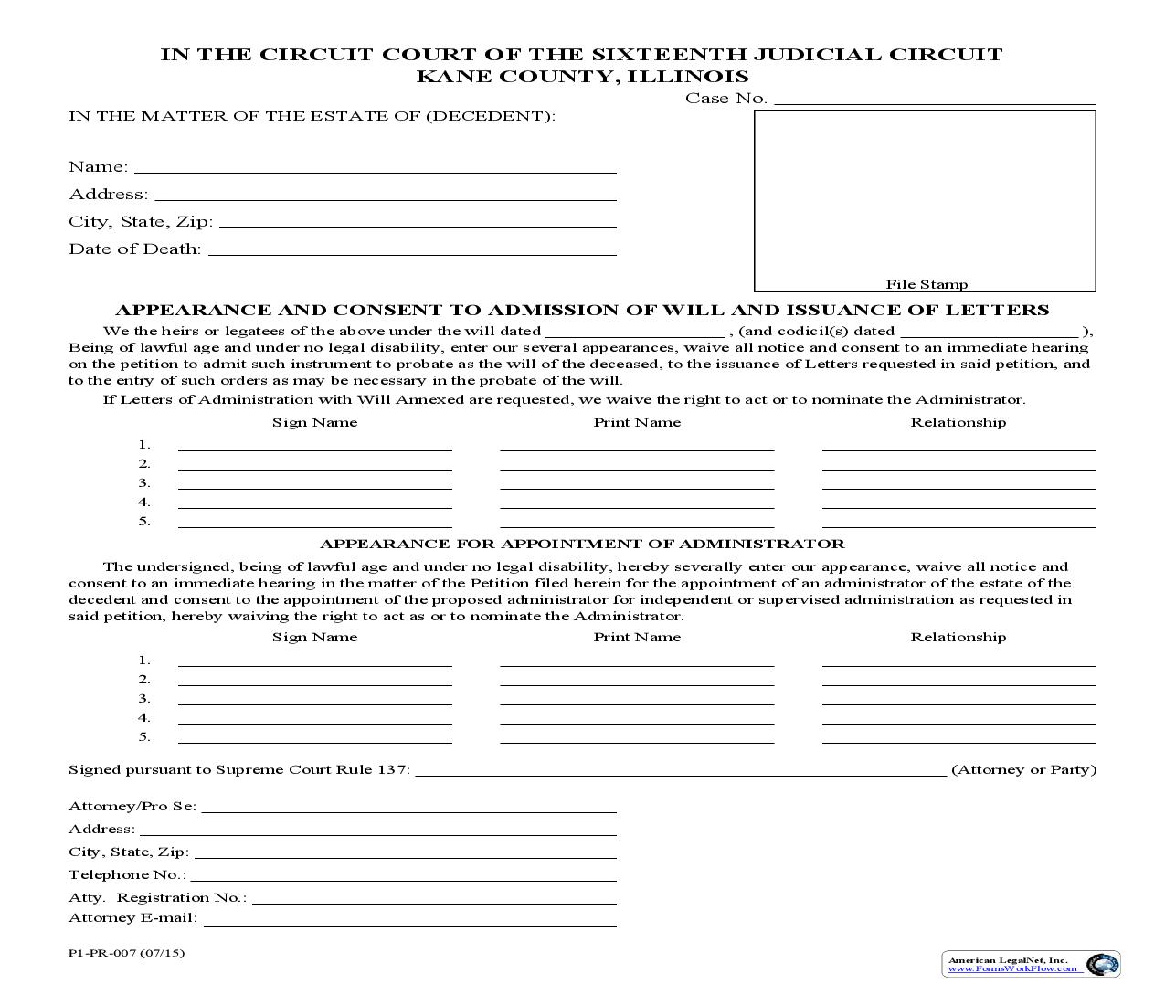 Appearance And Consent To Admission Of Will And Issuance Of Letters {P1-PR-007} | Pdf Fpdf Doc Docx | Illinois