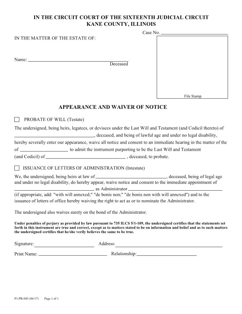 Appearance And Waiver Of Notice {P1-PR-045} | Pdf Fpdf Docx | Illinois