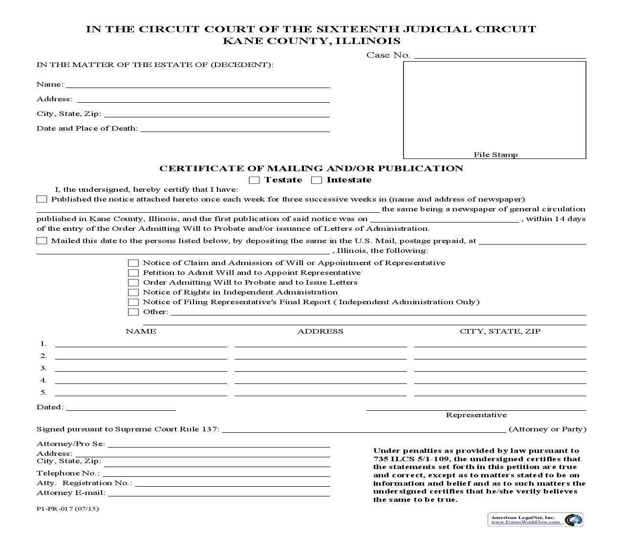 Certificate Of Mailing And Or Publication {P1-PR-017} | Pdf Fpdf Doc Docx | Illinois