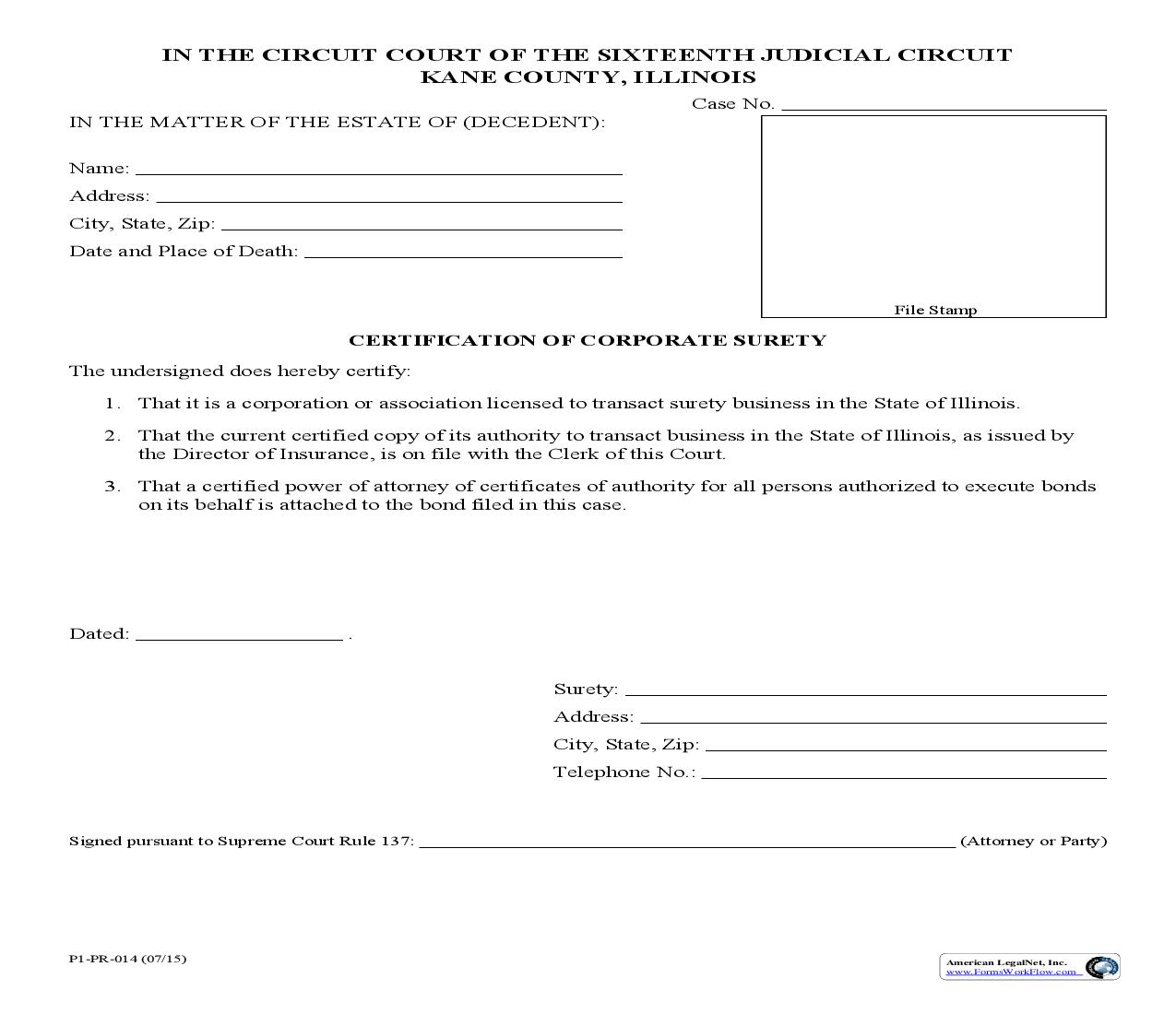 Certification Of Corporate Surety {P1-PR-014} | Pdf Fpdf Doc Docx | Illinois
