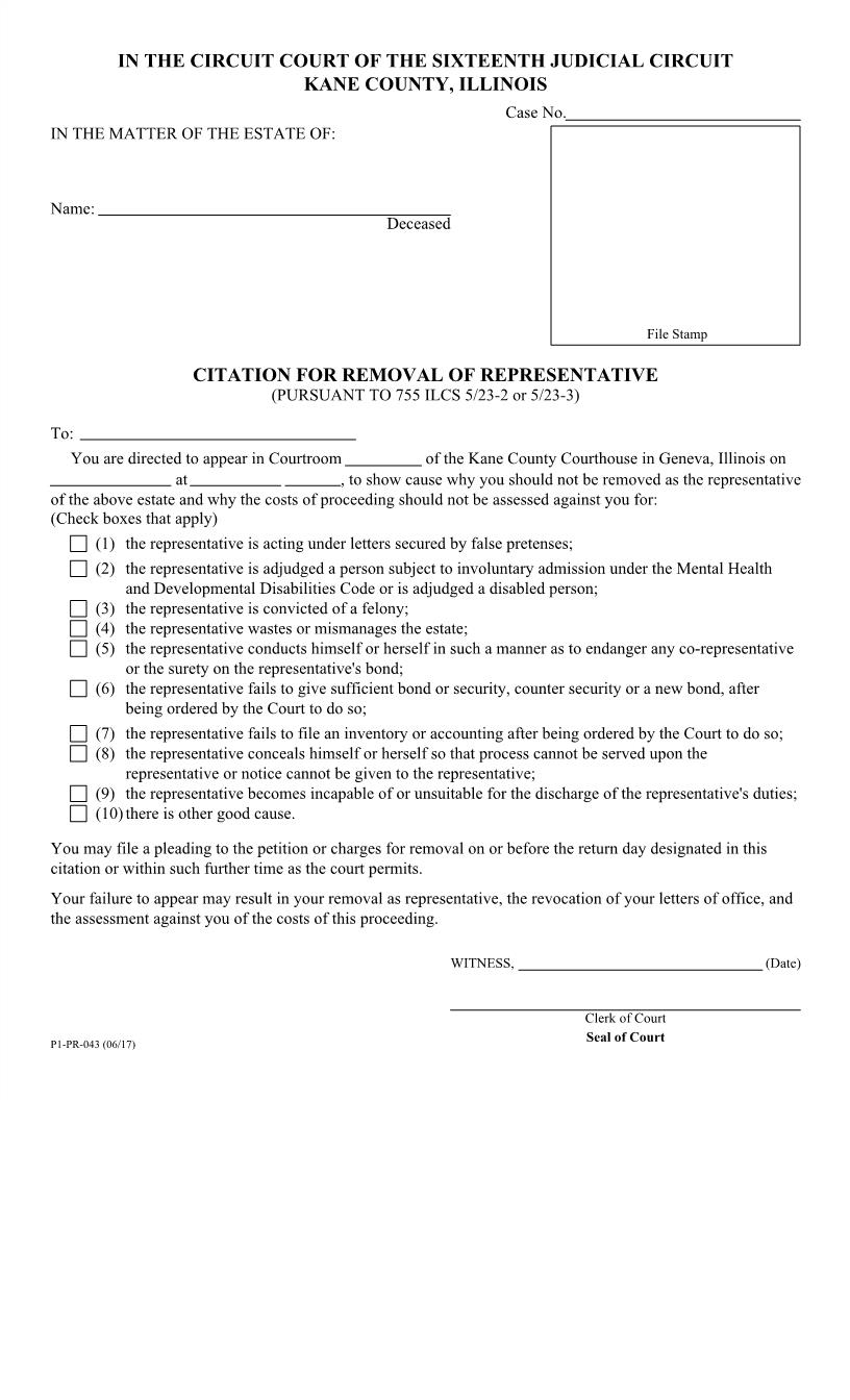 Citation For Removal Of Representative {P1-PR-043} | Pdf Fpdf Docx | Illinois