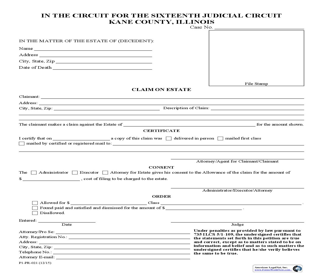 Claim On Estate {P1-PR-021} | Pdf Fpdf Doc Docx | Illinois