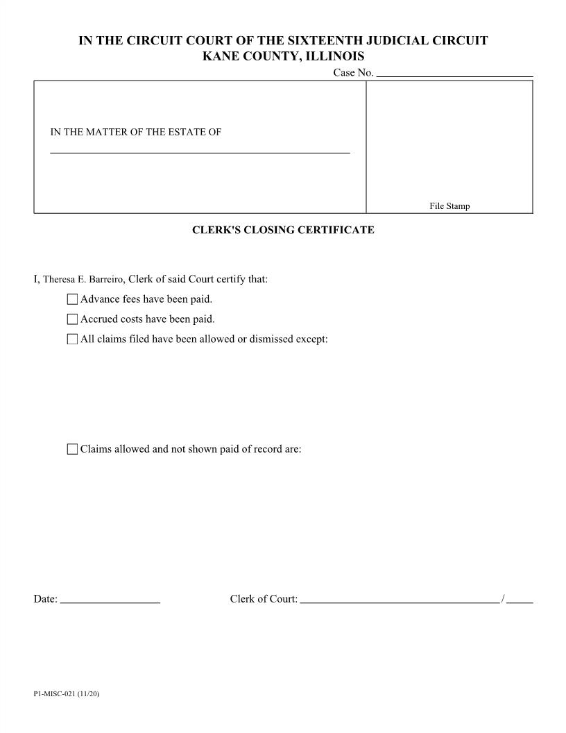 Clerks Closing Certificate {P1-MISC-21} | Pdf Fpdf Doc Docx | Illinois