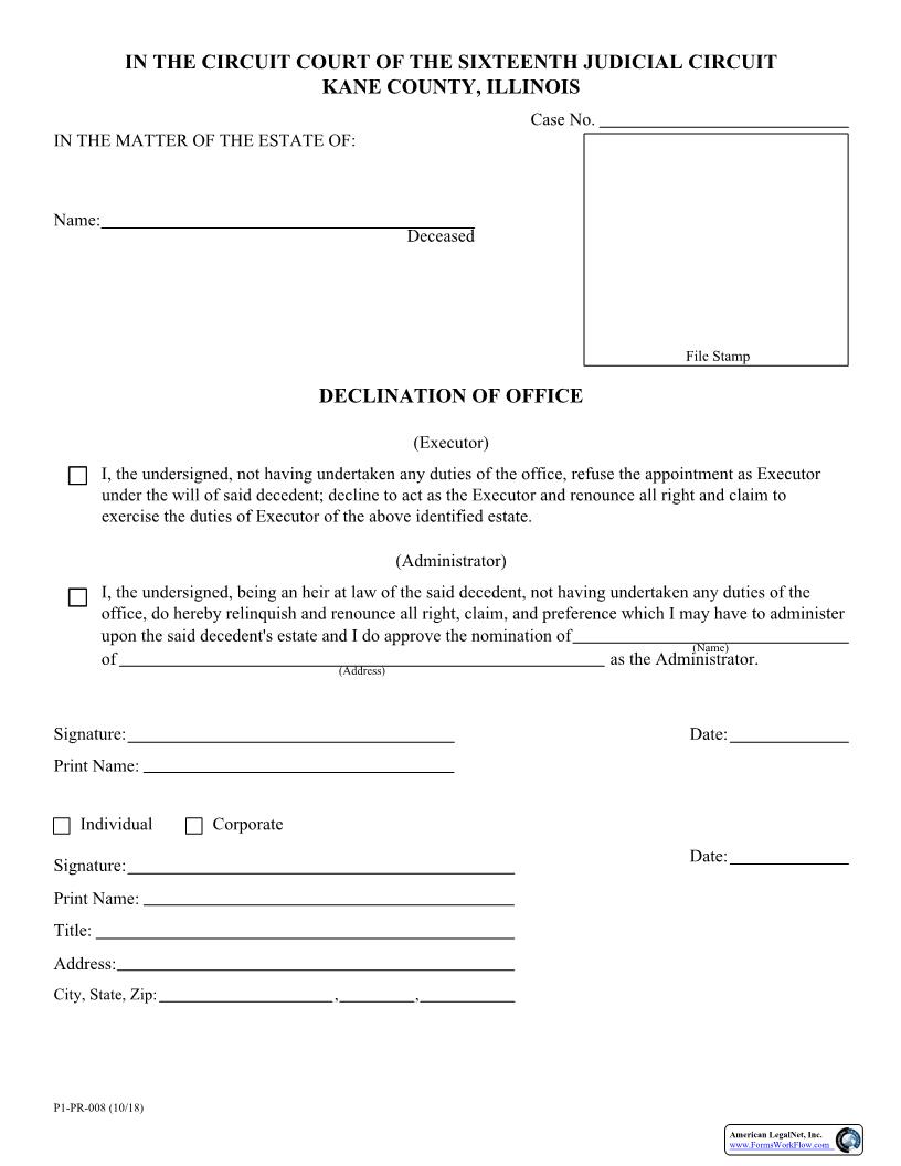 Declination Of Office {P1-PR-008} | Pdf Fpdf Docx | Illinois
