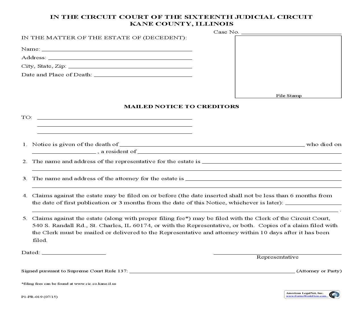 Mailed Notice To Creditors {P1-PR-019} | Pdf Fpdf Doc Docx | Illinois